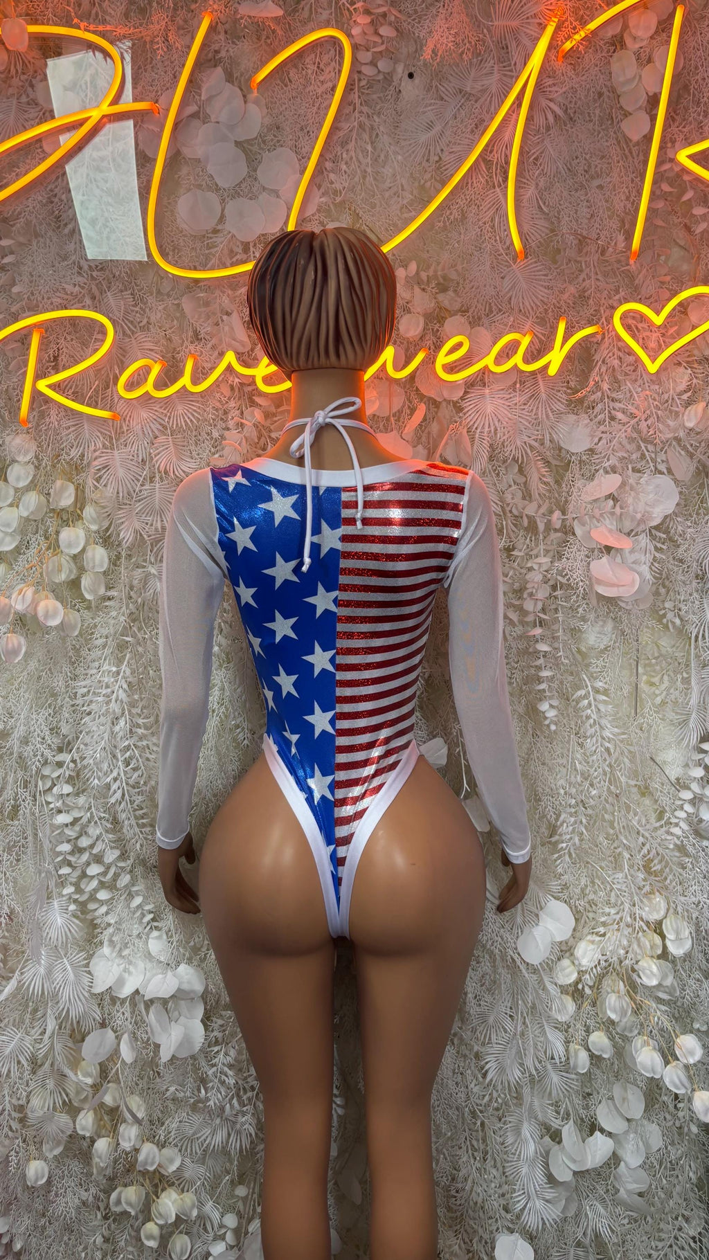 Back-view patriotic sleeved bodysuit with star and stripe print, tie-detail