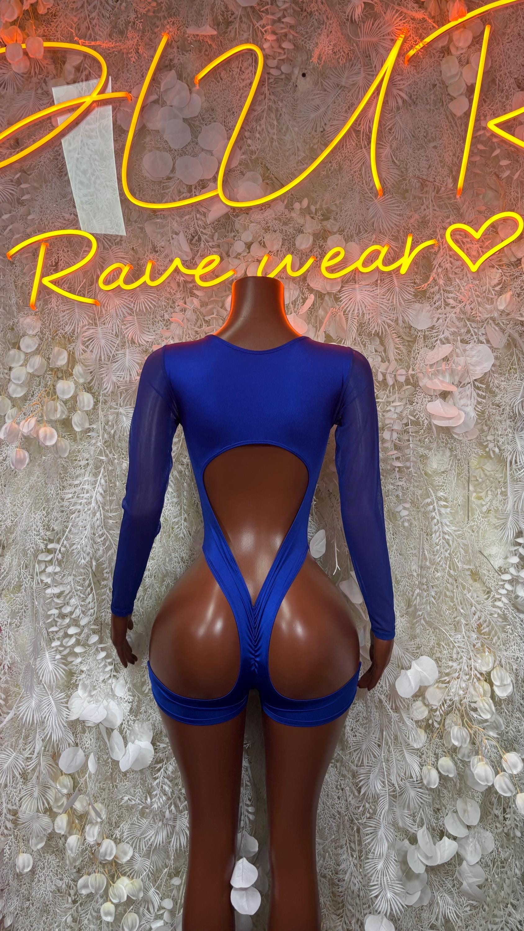 Patriotic blue bodysuit with open back cutout and star-patterned flag straps