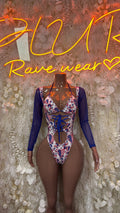 Blue long-sleeve patriotic bodysuit with lace-up front and high-cut legs