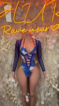 Blue patriotic lace-up bodysuit with long sleeves and star-and-stripe print