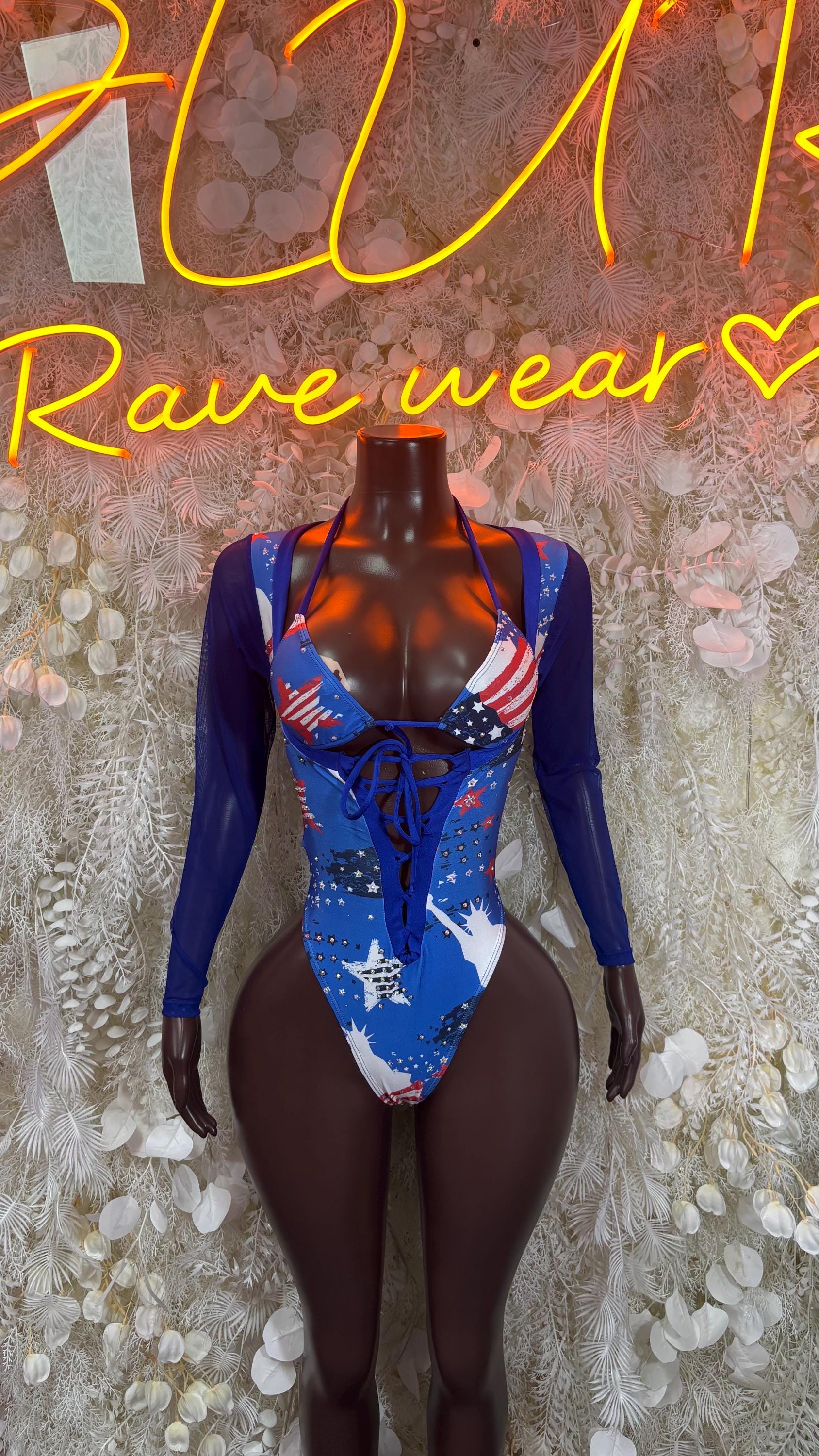 Blue star-and-stripe bodysuit with long sleeves and lace-up back