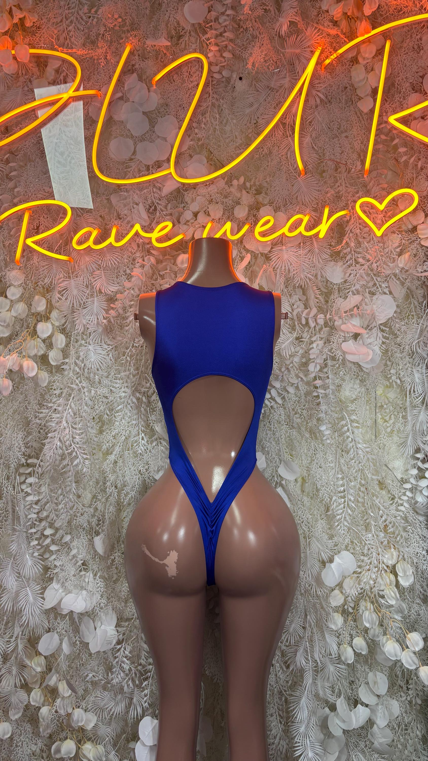 Patriotic blue bodysuit, back view with open back and high-cut legs