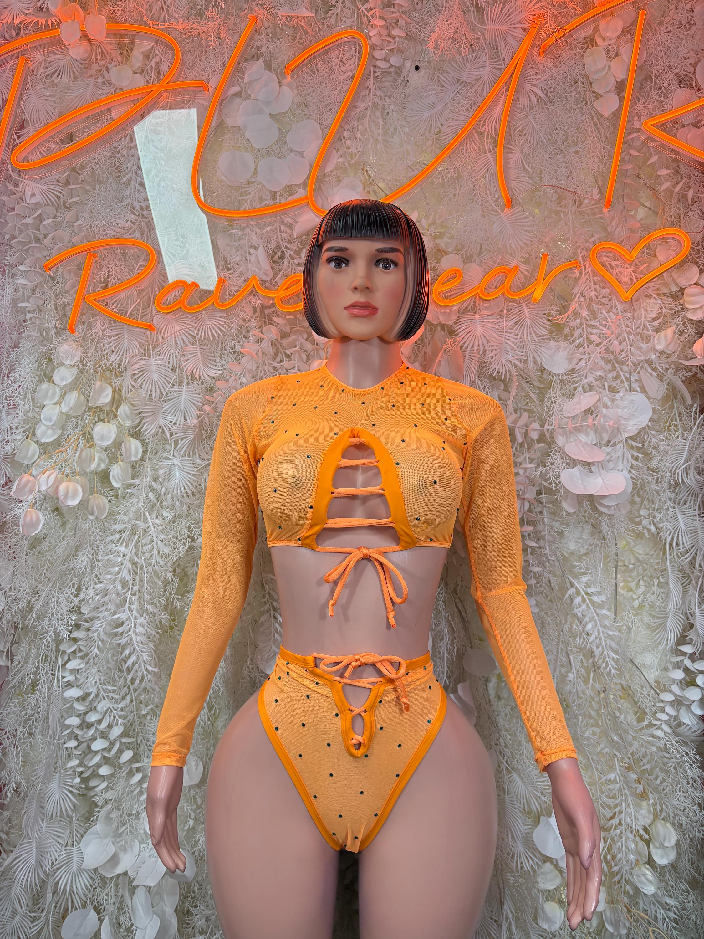 Orange rhinestone festival two-piece bodysuit with long sleeves and front cutout