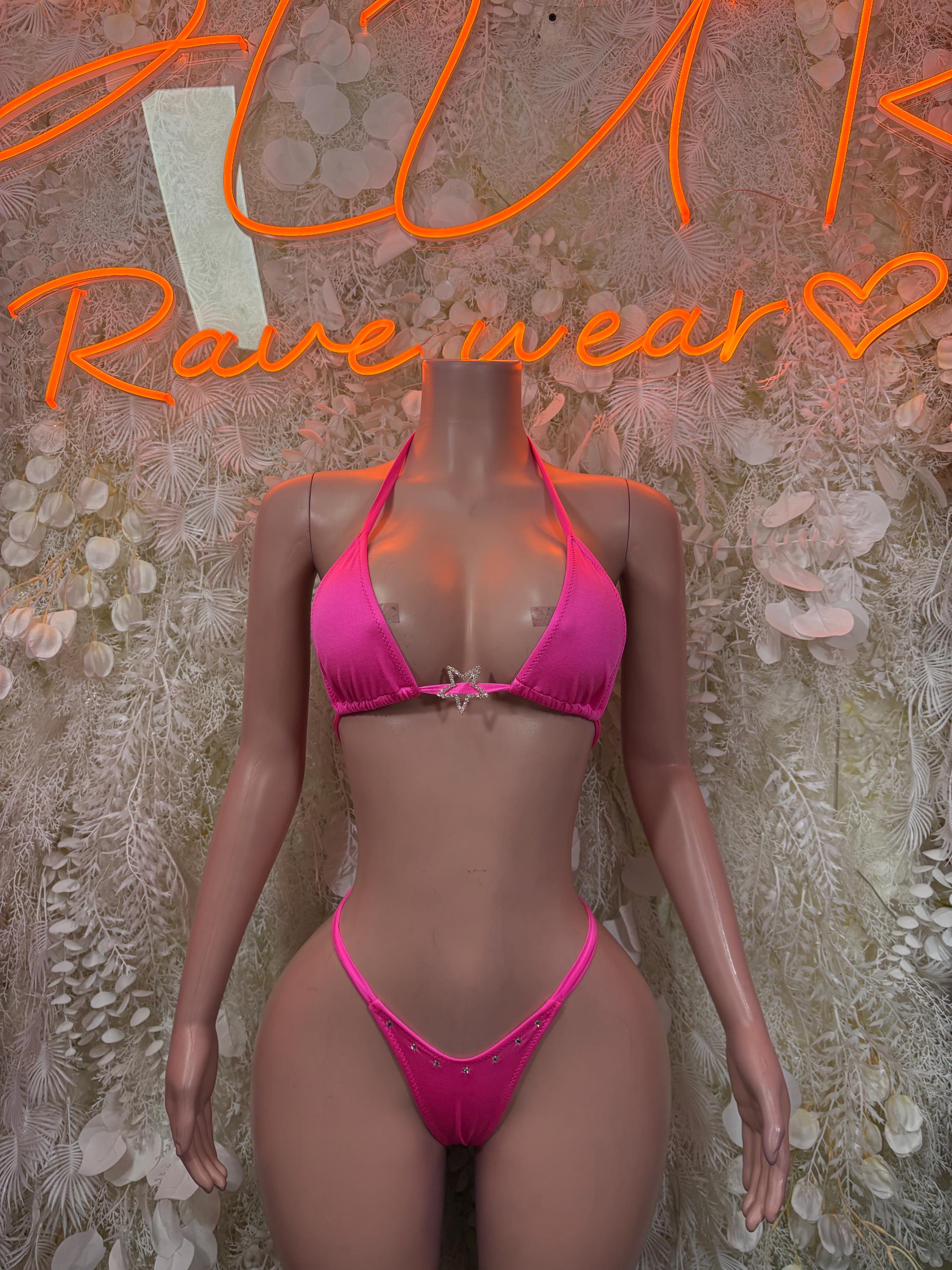 Pink triangle bikini top with matching string bikini bottoms, side-tie style.