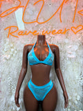 Blue lace triangle bikini set with matching high-cut bottoms, front view