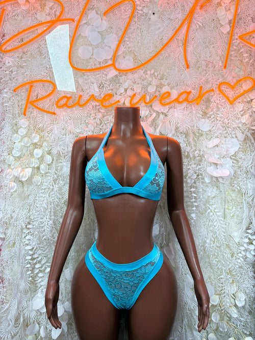 Blue lace triangle bikini set with matching high-cut bottoms, front view