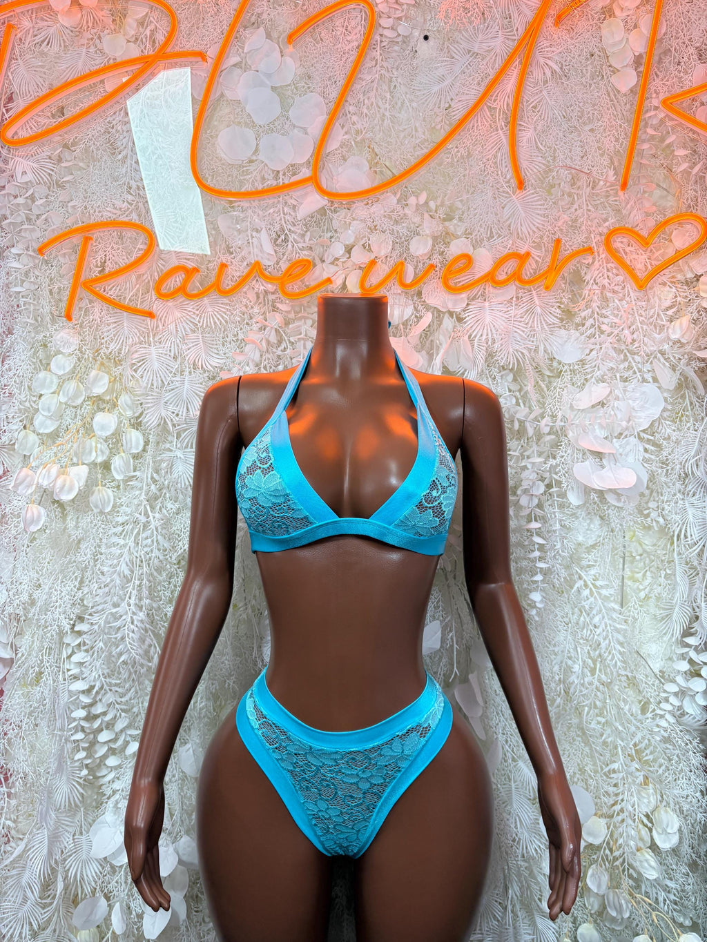 Blue lace bikini set with triangle bra and high-cut brief bottoms