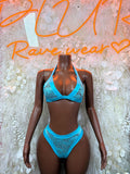 Blue lace bikini set with triangle bra and high-cut brief bottoms