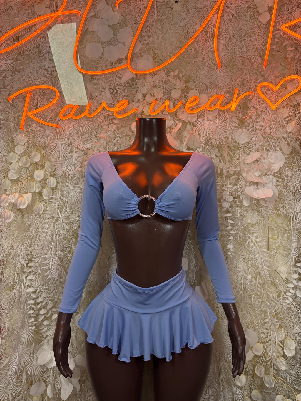 Light blue long-sleeve crop top and ruffled mini skirt two-piece dance outfit