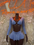 Light blue long-sleeve crop top and ruffled mini skirt two-piece dance outfit
