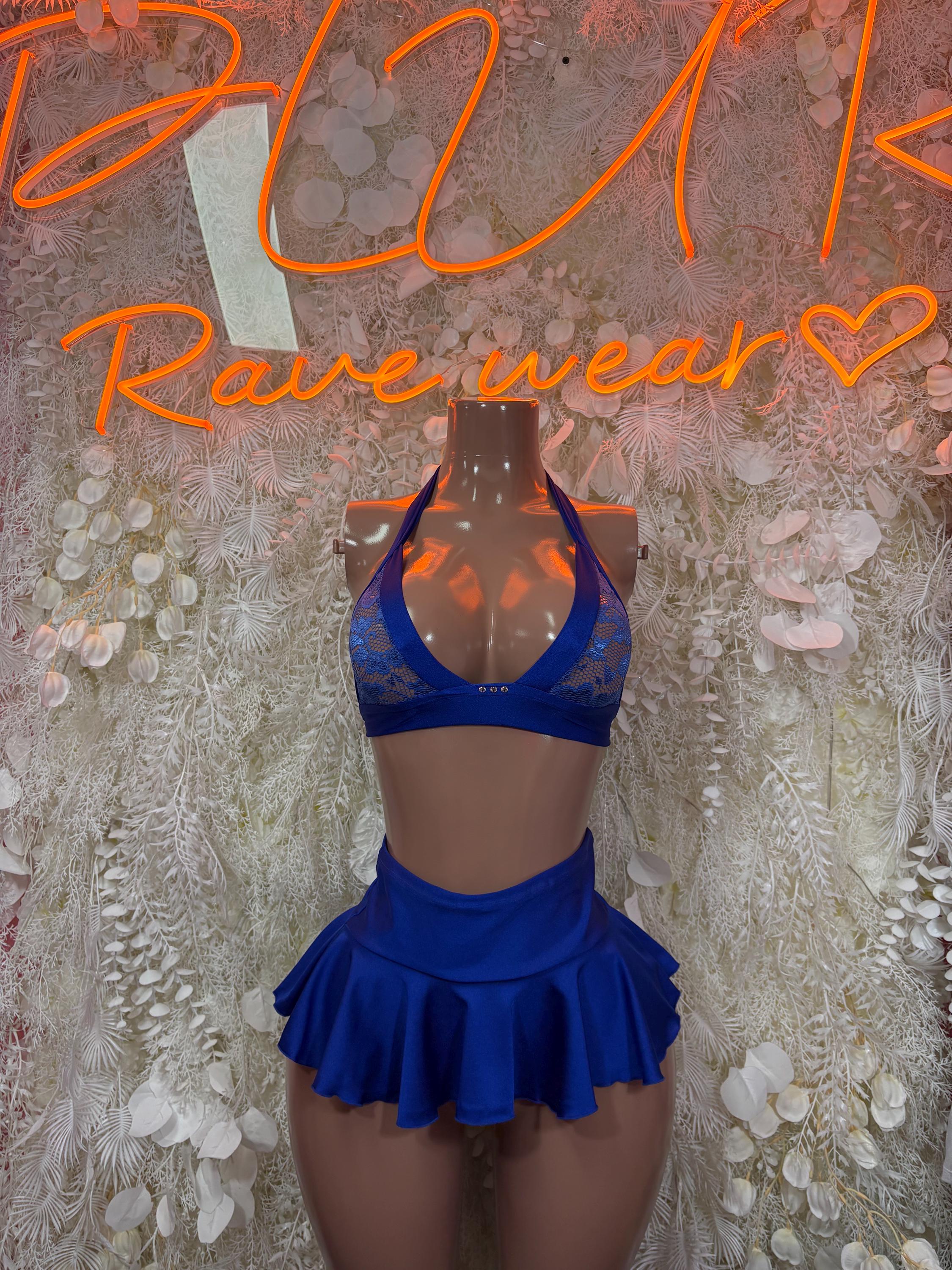 Blue two-piece rave skirt set with lace-pattern bra top and layered mini skirt