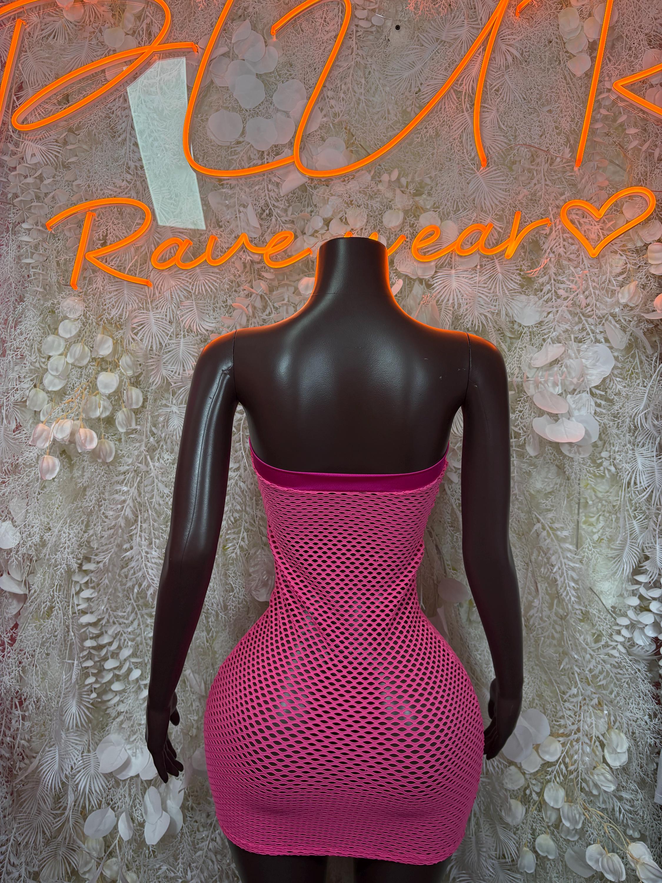 Pink fishnet mini dress back view on mannequin with racerback