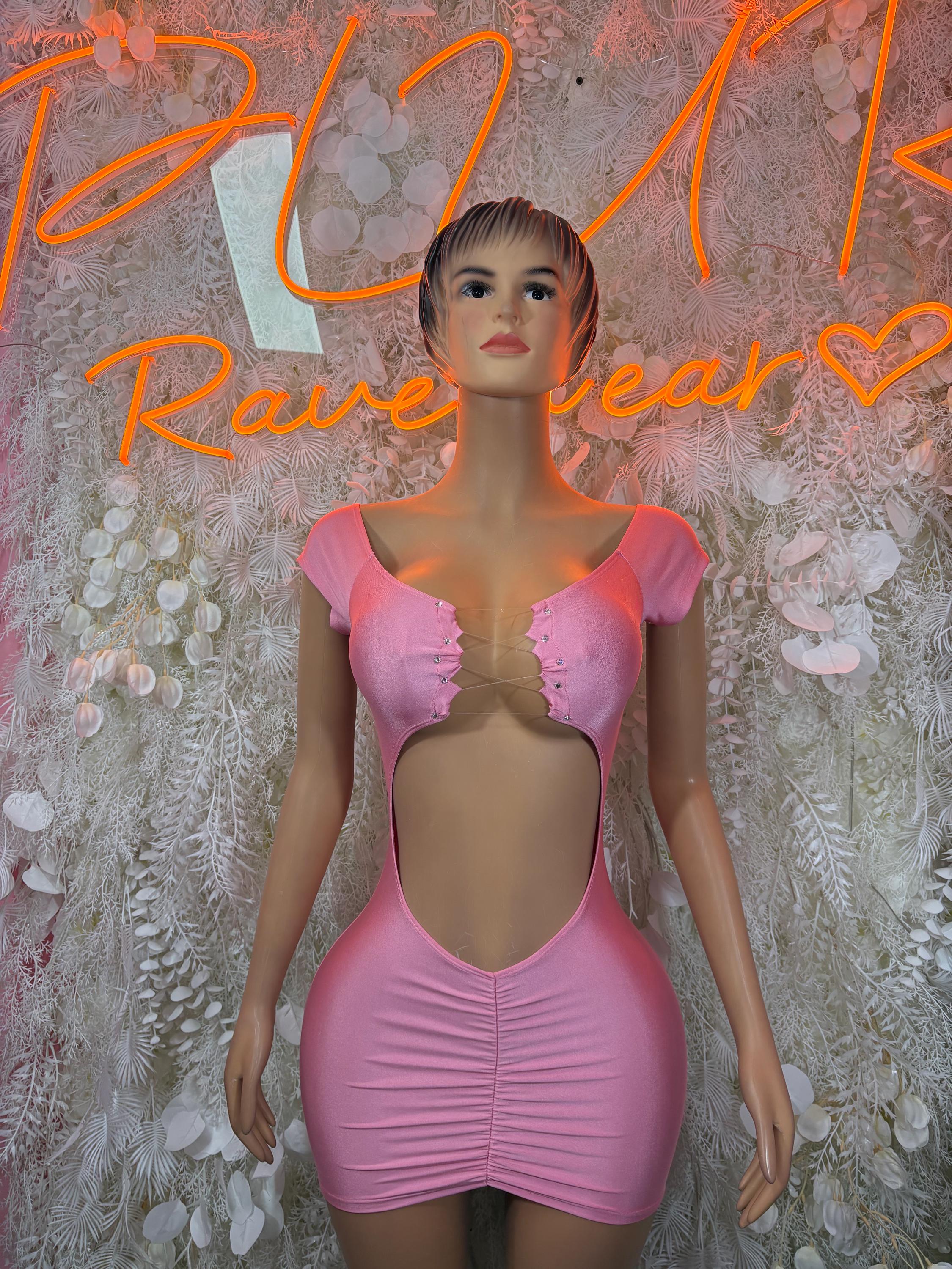 Pink fitted mini dress with short sleeves and ruched center panel