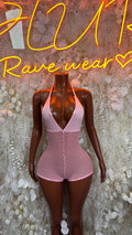 Pink fishnet bodysuit with deep V neckline and high-cut leg openings