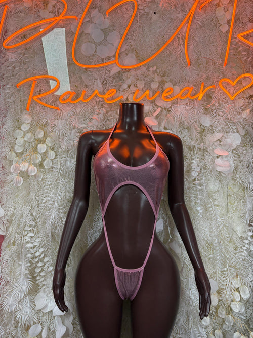 Metallic baby pink halter bodysuit with open back and lace-up front cutouts