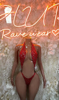 Red bandanna print lace one-piece bodysuit with plunging neckline and tie straps