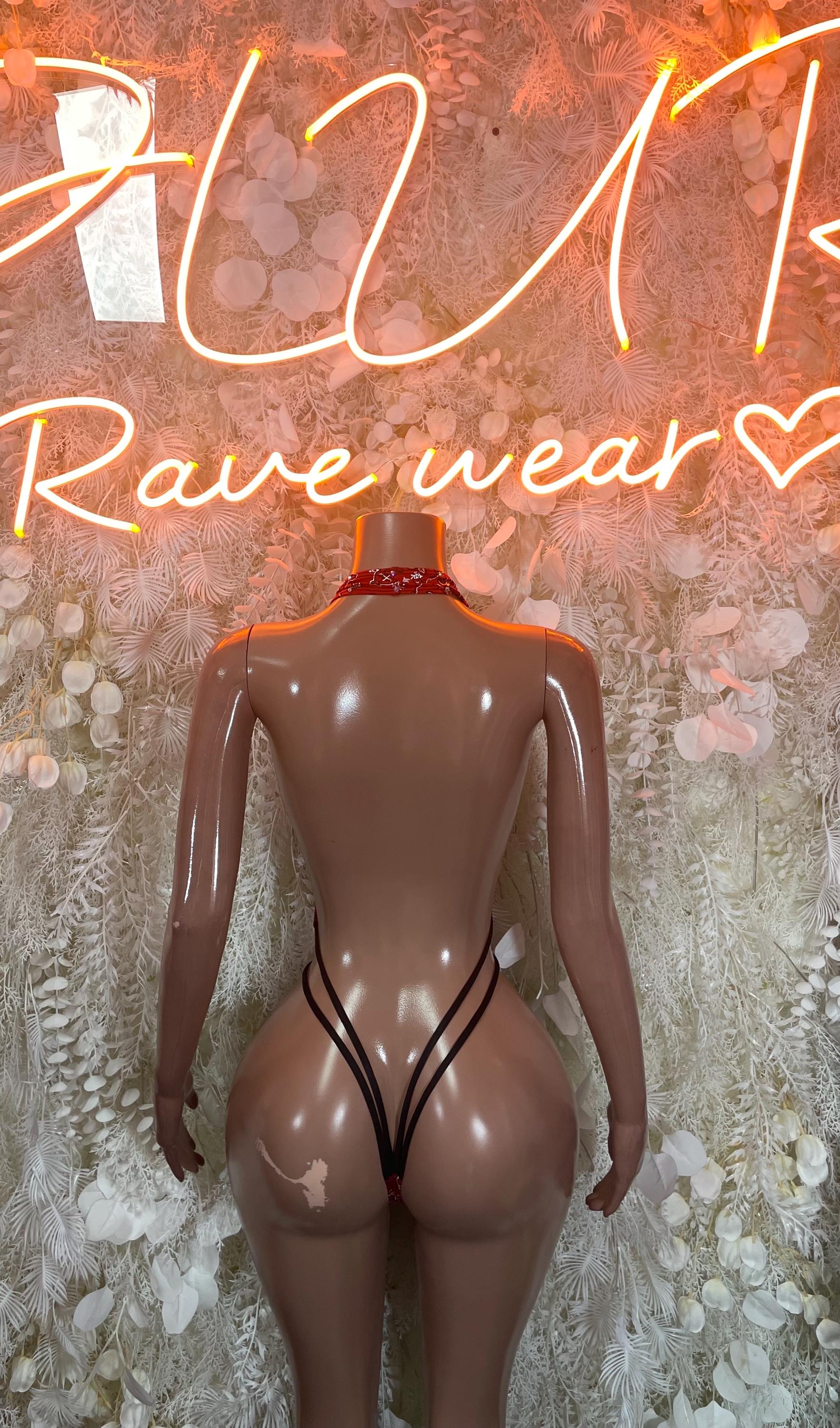 Red bandanna print lace one-piece bodysuit, open-back cheeky cut