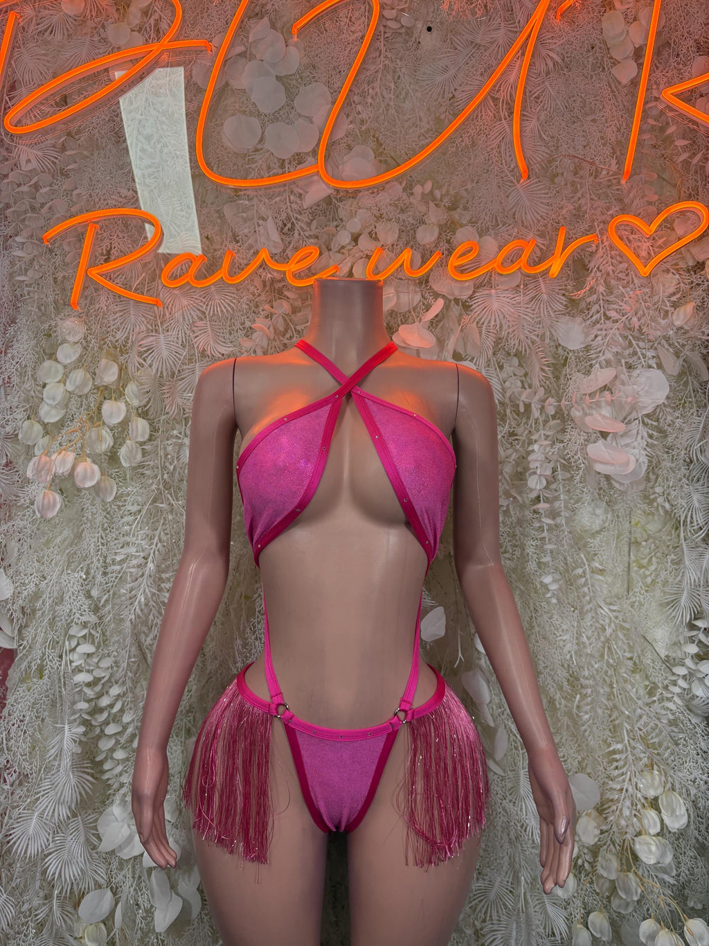 Pink halter fringe bikini set with crisscross straps and matching bottom