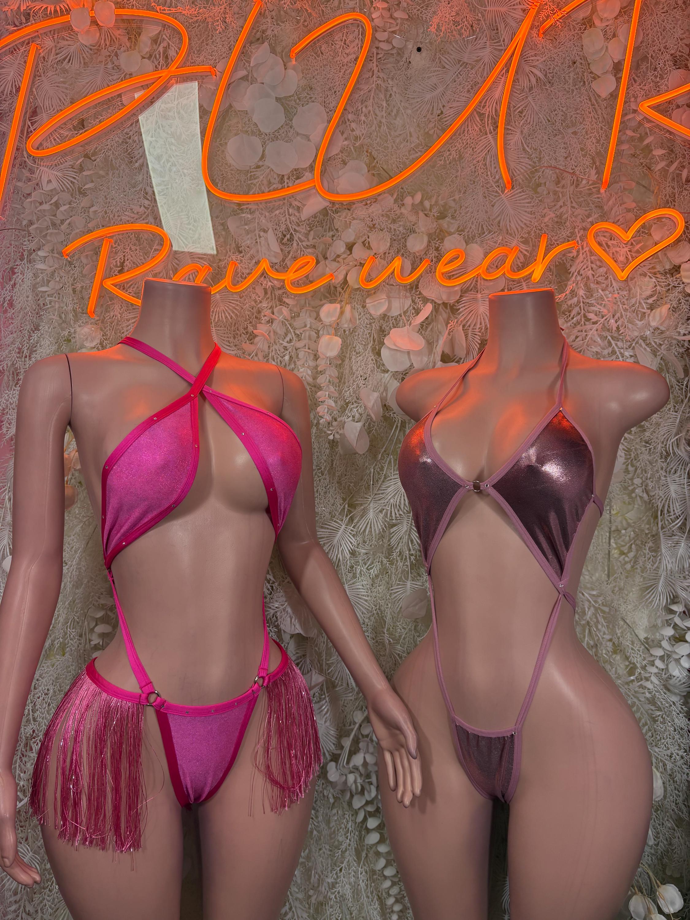 Pink halter fringe bikini set with cutout back straps, side view