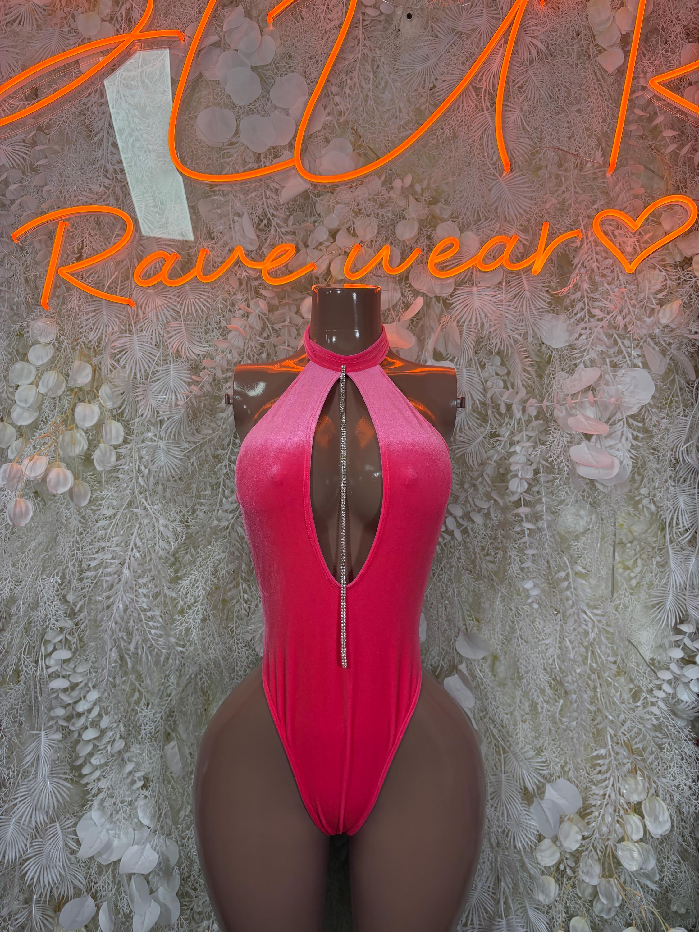 Pink halter bodysuit with keyhole neckline and high-cut thong back