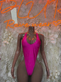 Pink rhinestone bodysuit with scoop neckline and thin straps