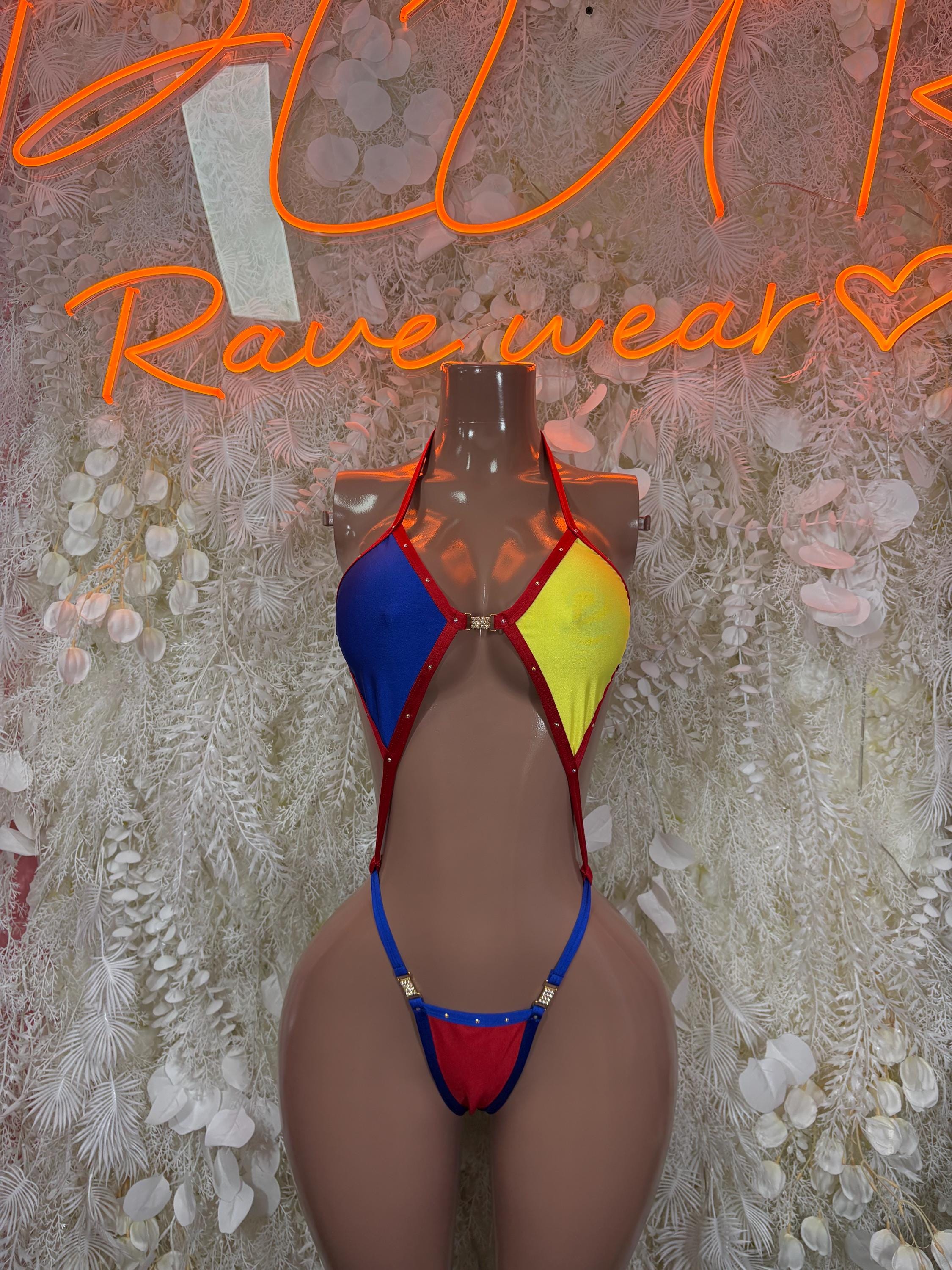 One-piece flag print bodysuit swimsuit with V-neck and blue, yellow, red panels