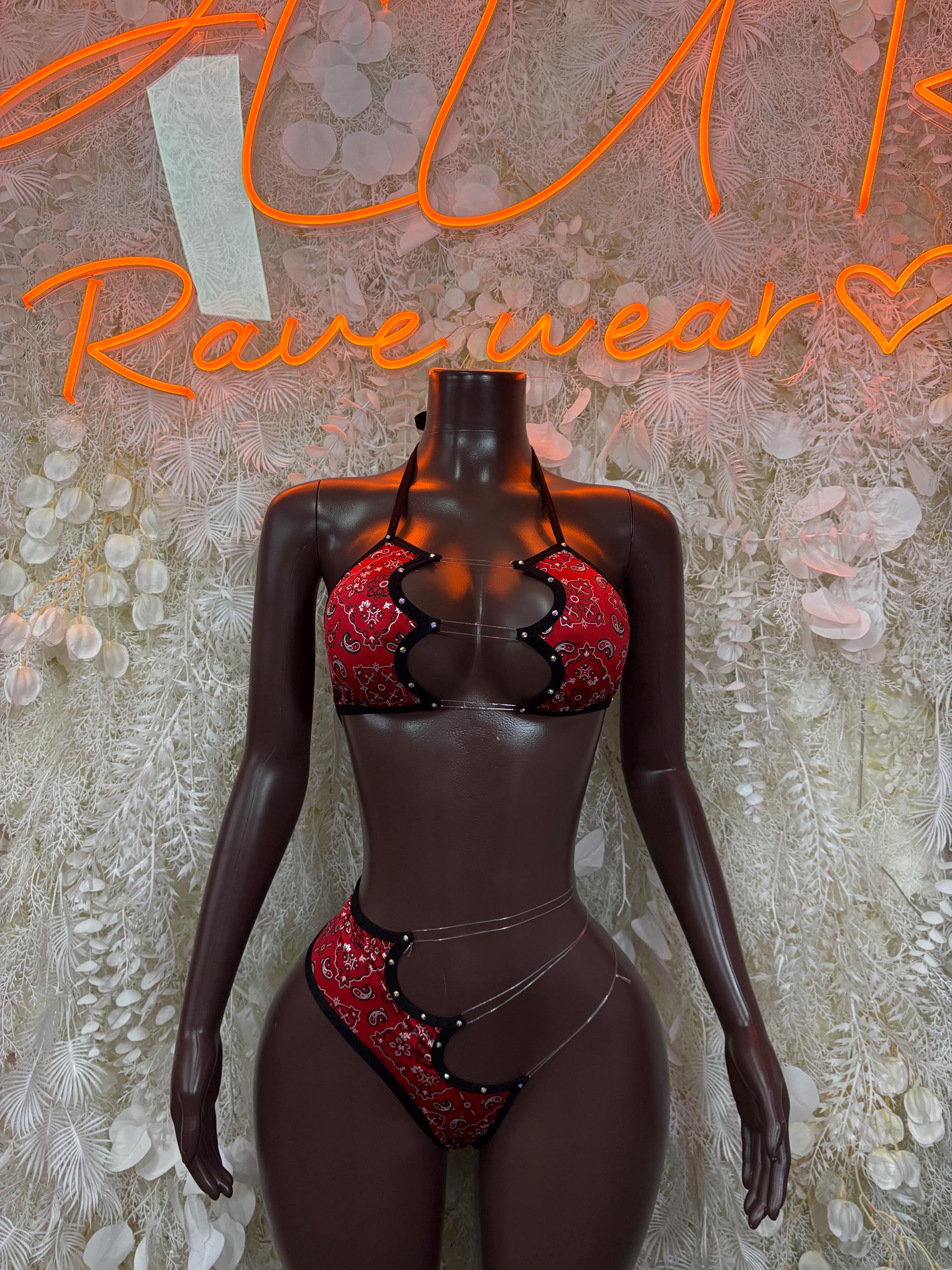 Two-piece lingerie set with red bandanna print, black trim, bra and thong bottoms