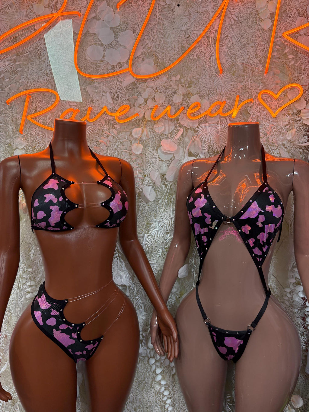 Pink and black cow-print strappy bikini set, two figures front views