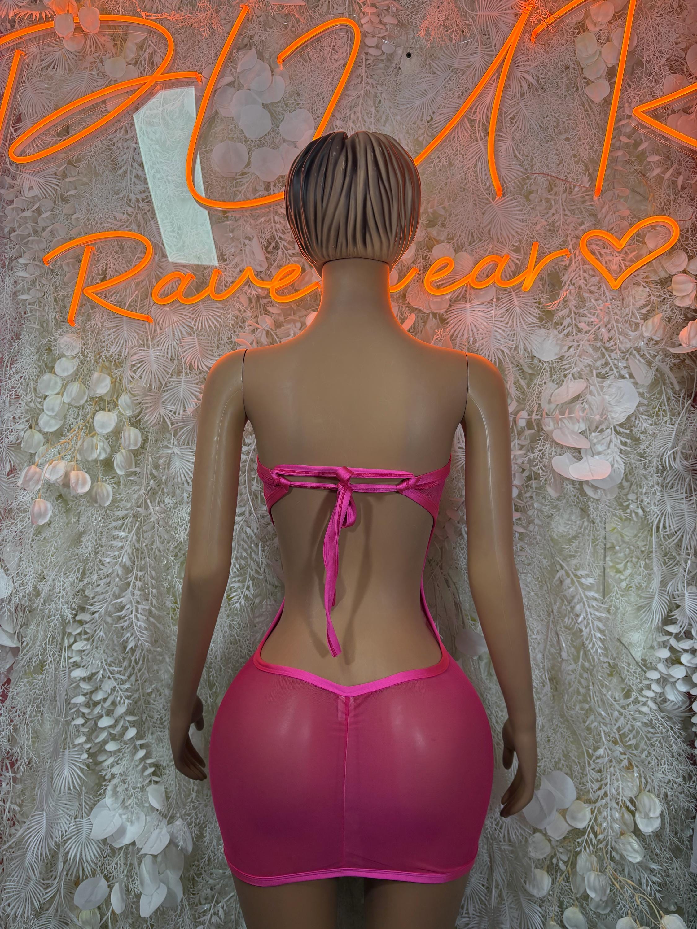 Pink mini dress bodysuit with open back and bow-tied waist