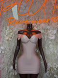Light pink fitted mini dress with off-shoulder sleeves and ruched sweetheart bodice