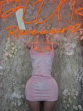 Pink velvet bodycon mini dress with square neckline and ruched waist, sleeveless