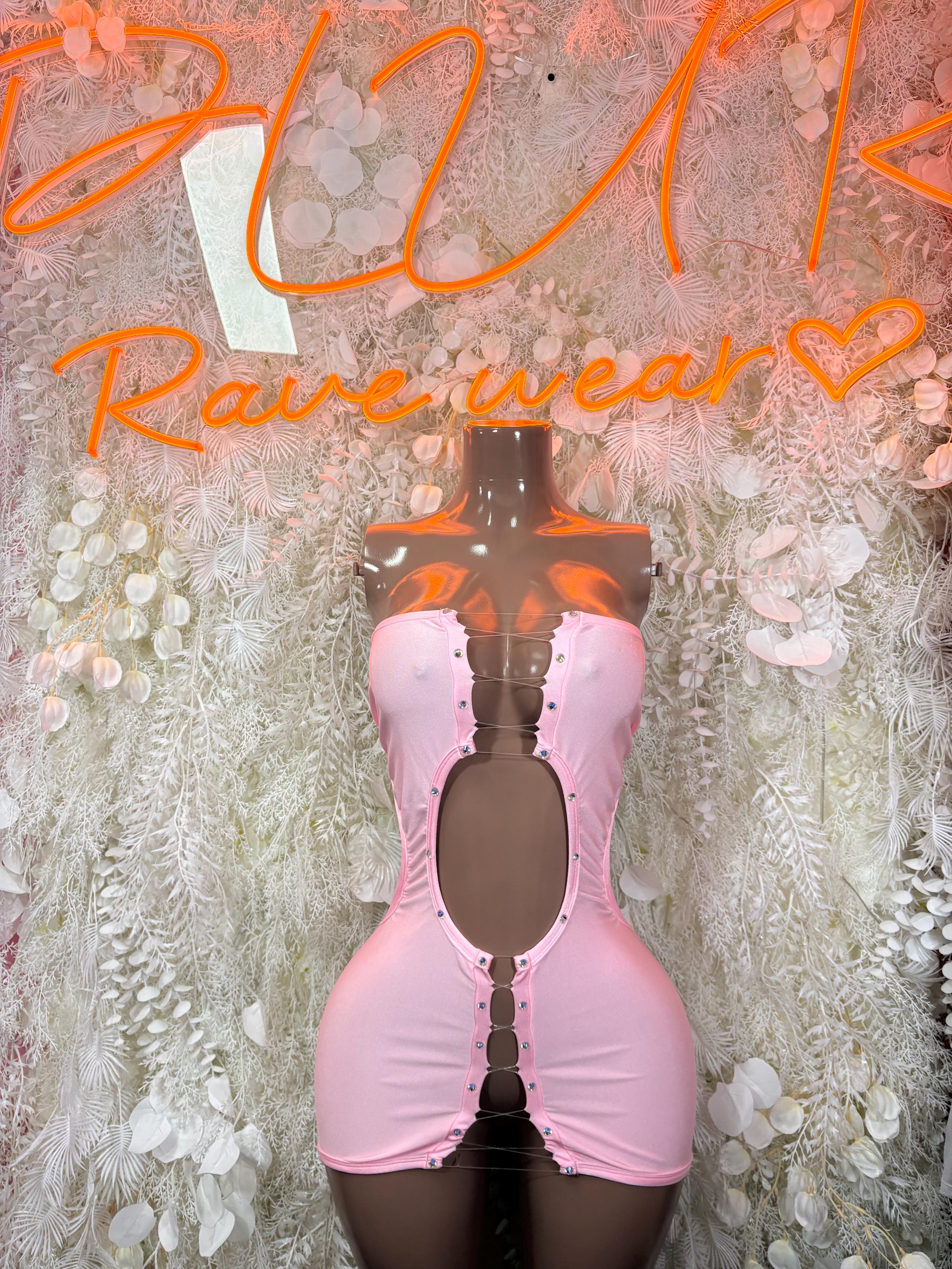 Light pink corset-style mini dress with front ruching and adjustable straps