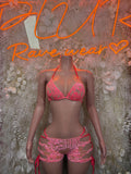 Coral two-piece bodysuit with lace bra top and matching drawstring shorts, front view