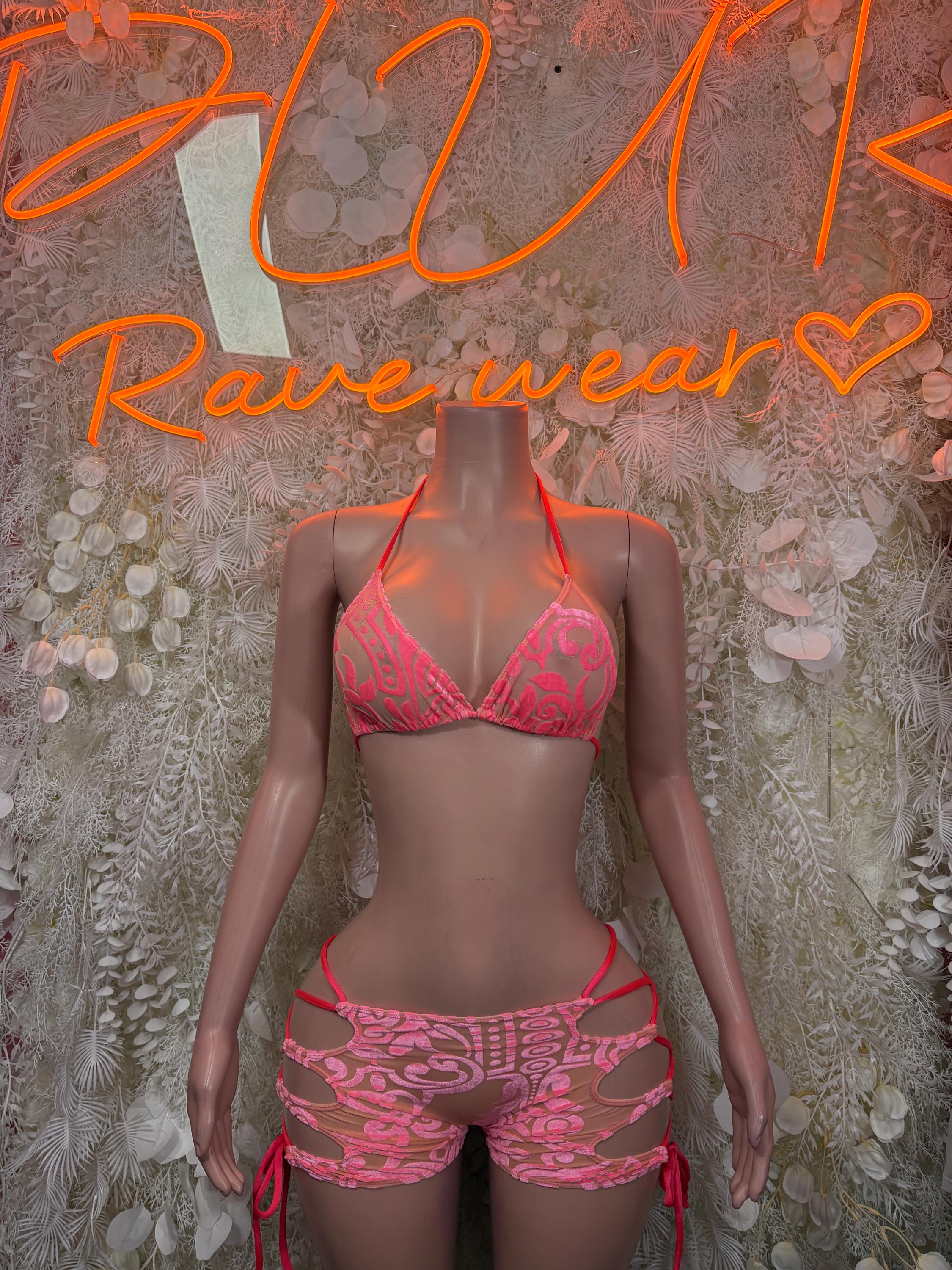 Coral two-piece bodysuit with lace bra top and matching drawstring shorts, front view