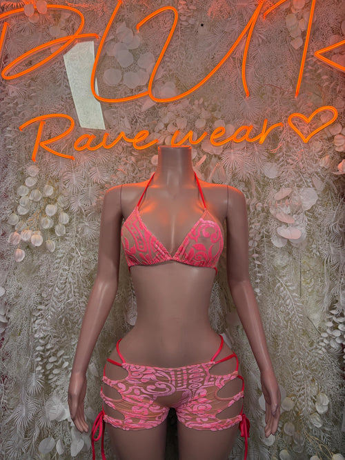 Coral two-piece bodysuit with lace bra top and matching drawstring shorts, front view