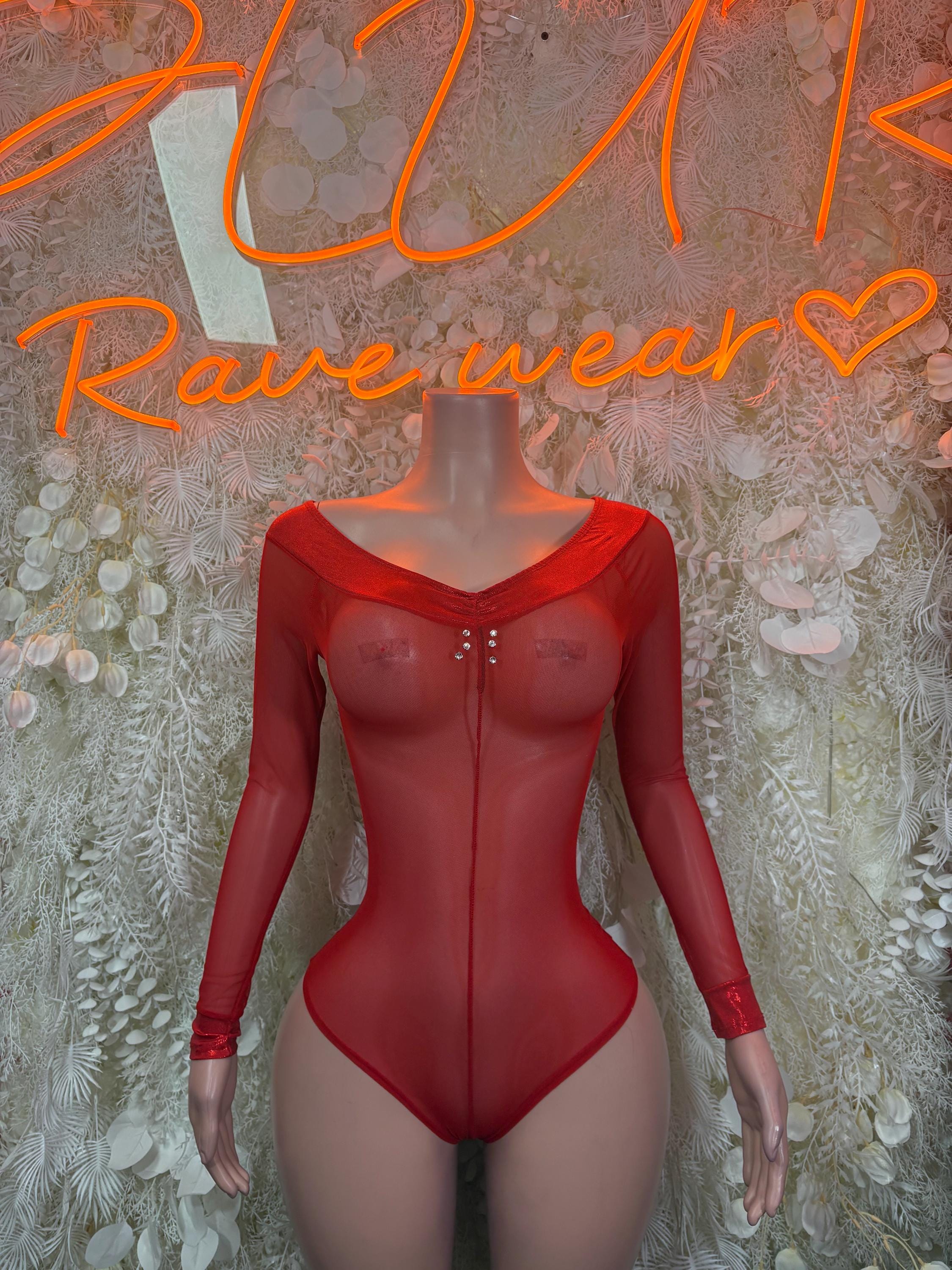 Red mesh bodysuit with long sleeves and deep V neckline