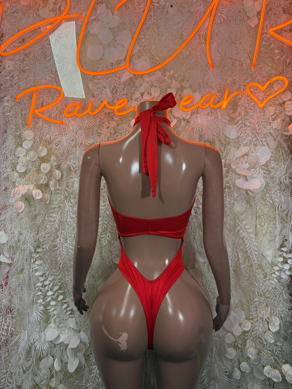 Red halter bodysuit with back tie and thong cut