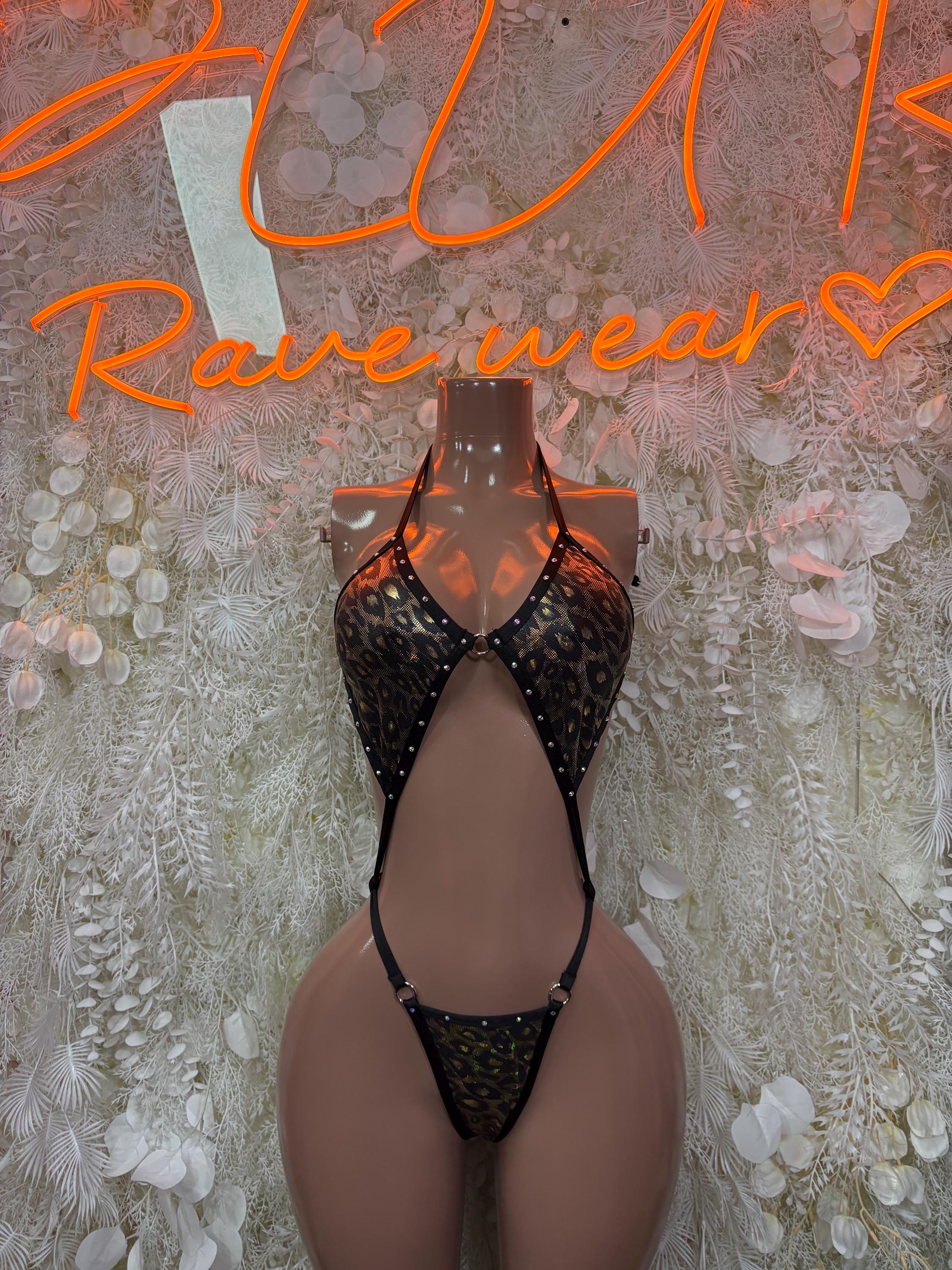 Black-and-gold cheetah print hologram bodysuit, open back, thong