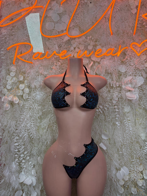 Dark blue holographic cheetah print two-piece rave set, triangle bra and thong