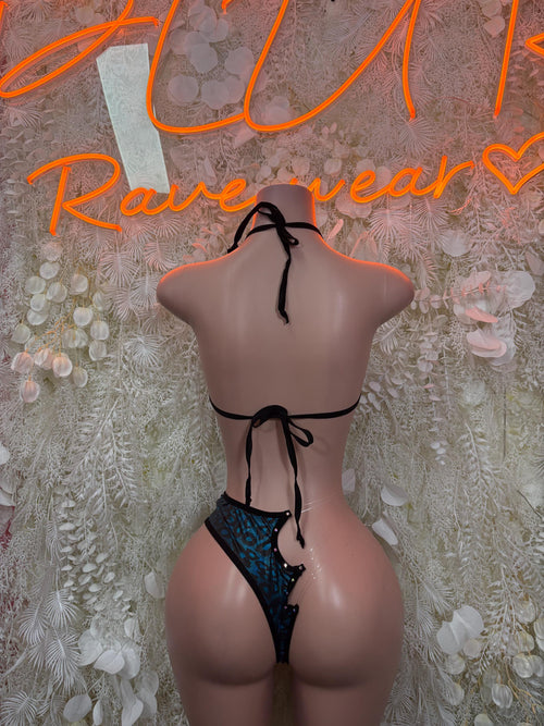 Dark blue holographic cheetah print two-piece rave set with tie-back bikini bottom