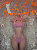 Pink halter cutout bodysuit with high neck, front cutout, minimal-coverage back
