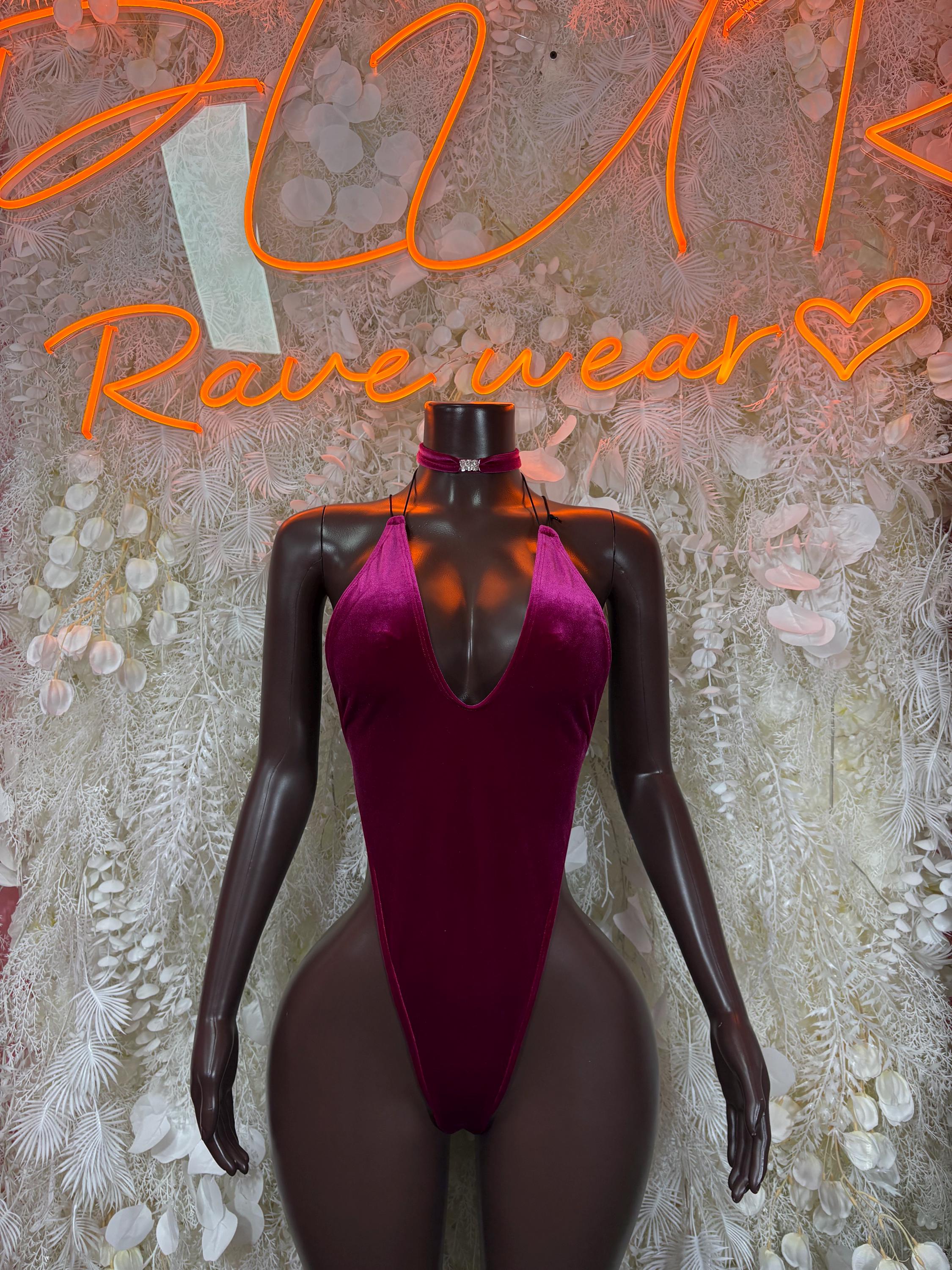 Purple velvet halter bodysuit with deep V neckline, smooth one-piece front view
