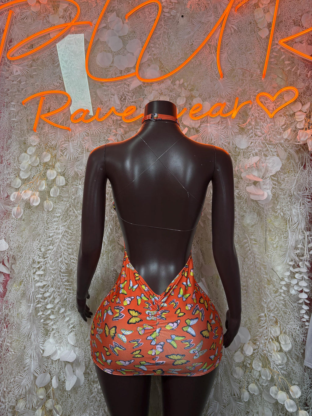 Butterfly print festival dress back, orange sleeveless halter with open back