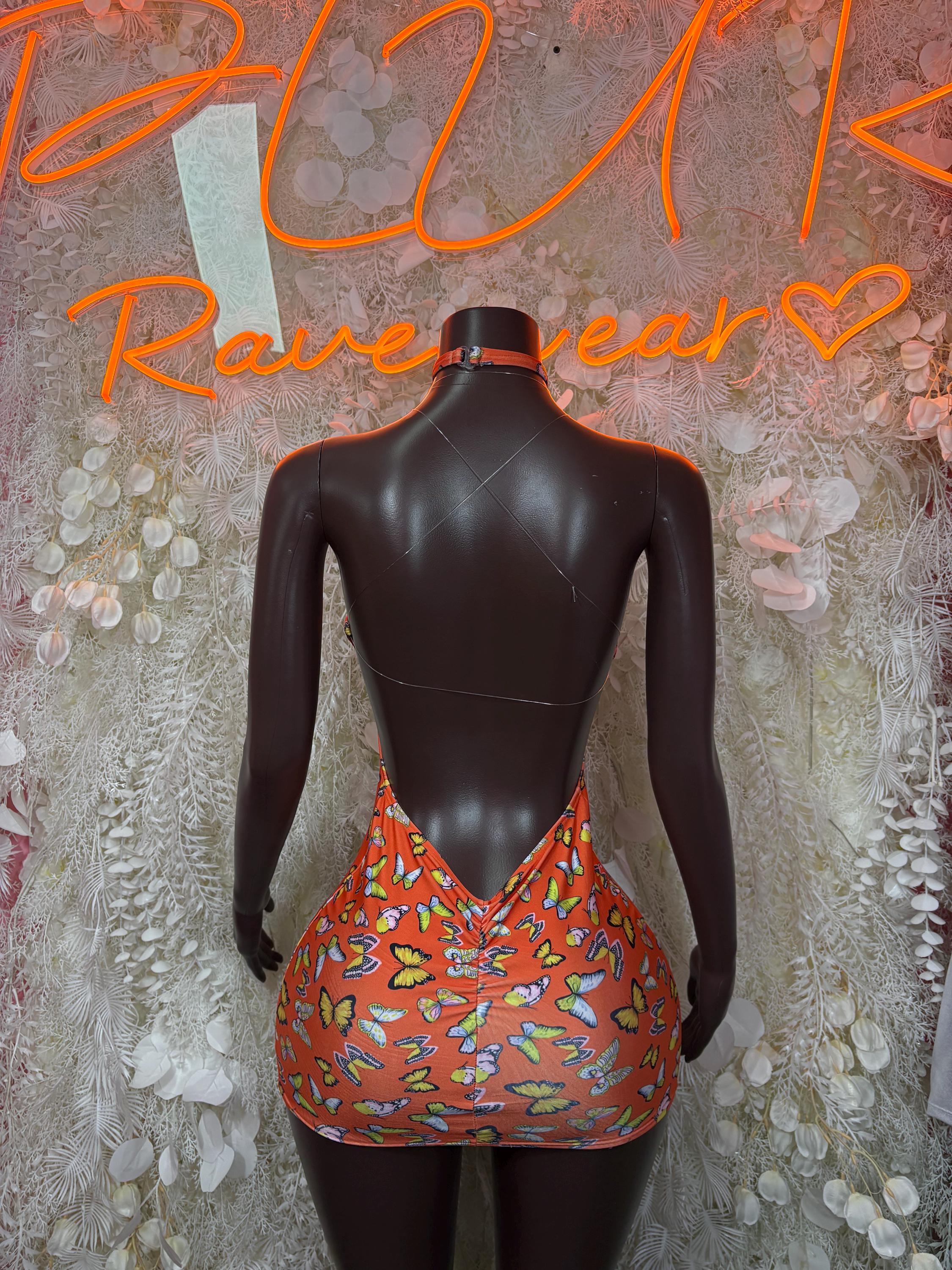 Butterfly print festival dress back, orange sleeveless halter with open back
