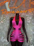 Pink cut-out bodysuit with deep V neckline and striped side cutouts