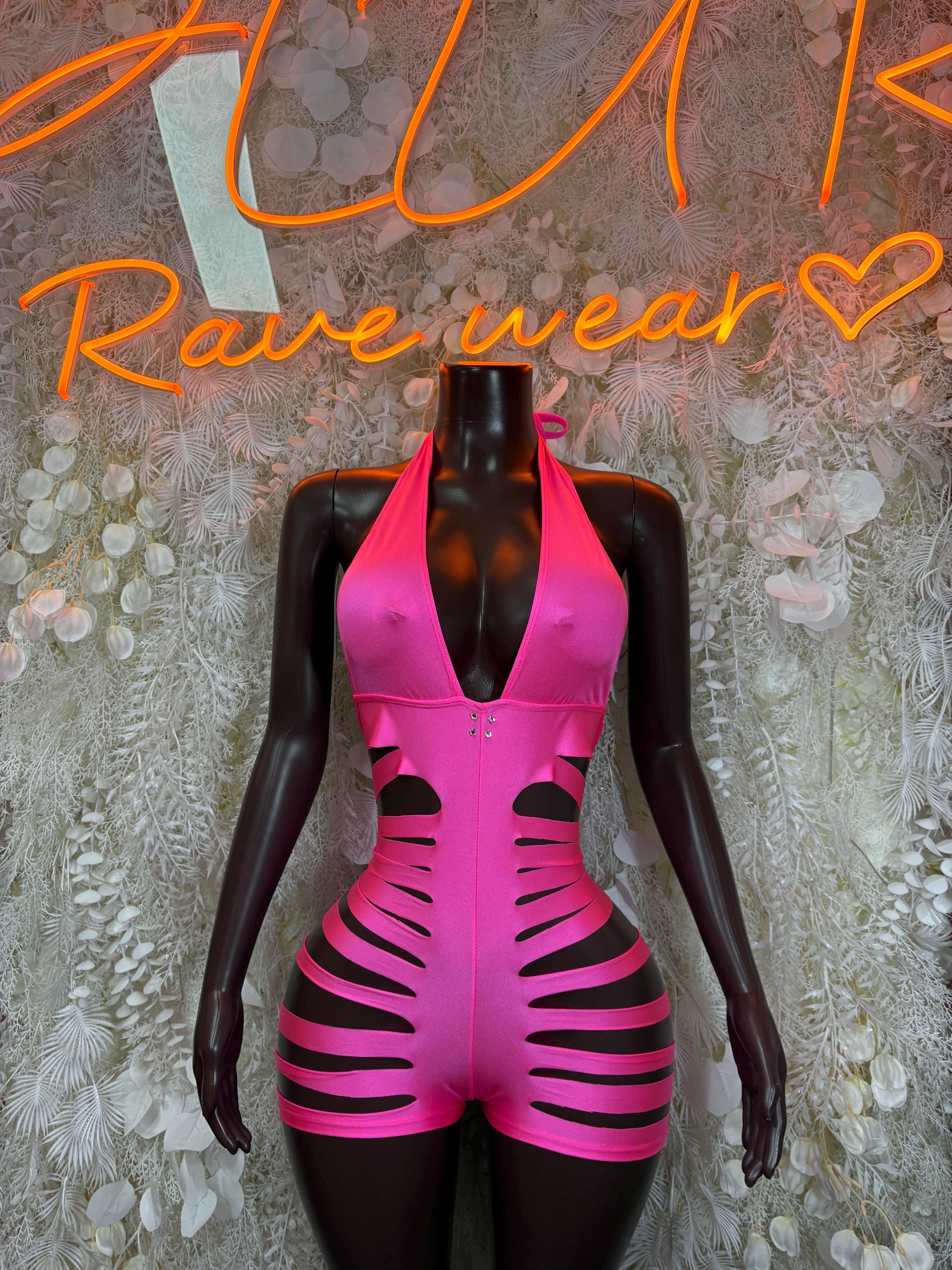 Pink cut-out bodysuit with deep V neckline and striped side cutouts