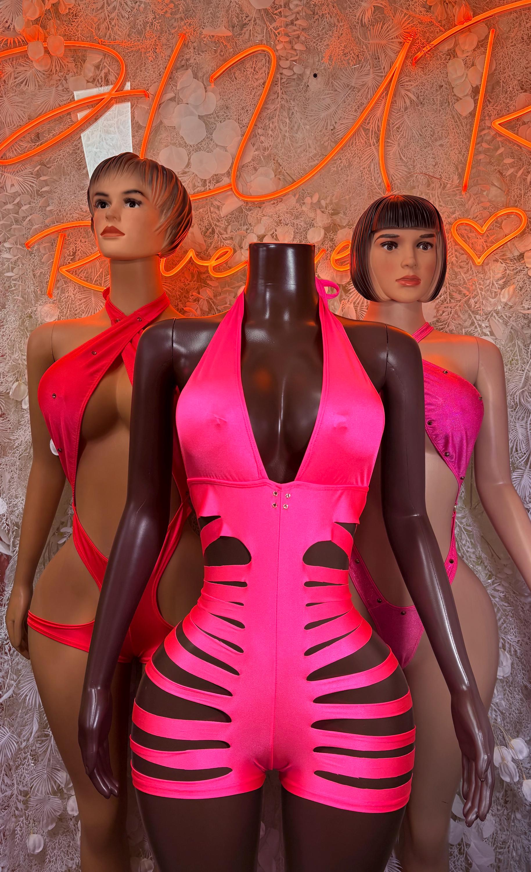 Pink cut-out bodysuit with deep V front and horizontal ribbed cutouts