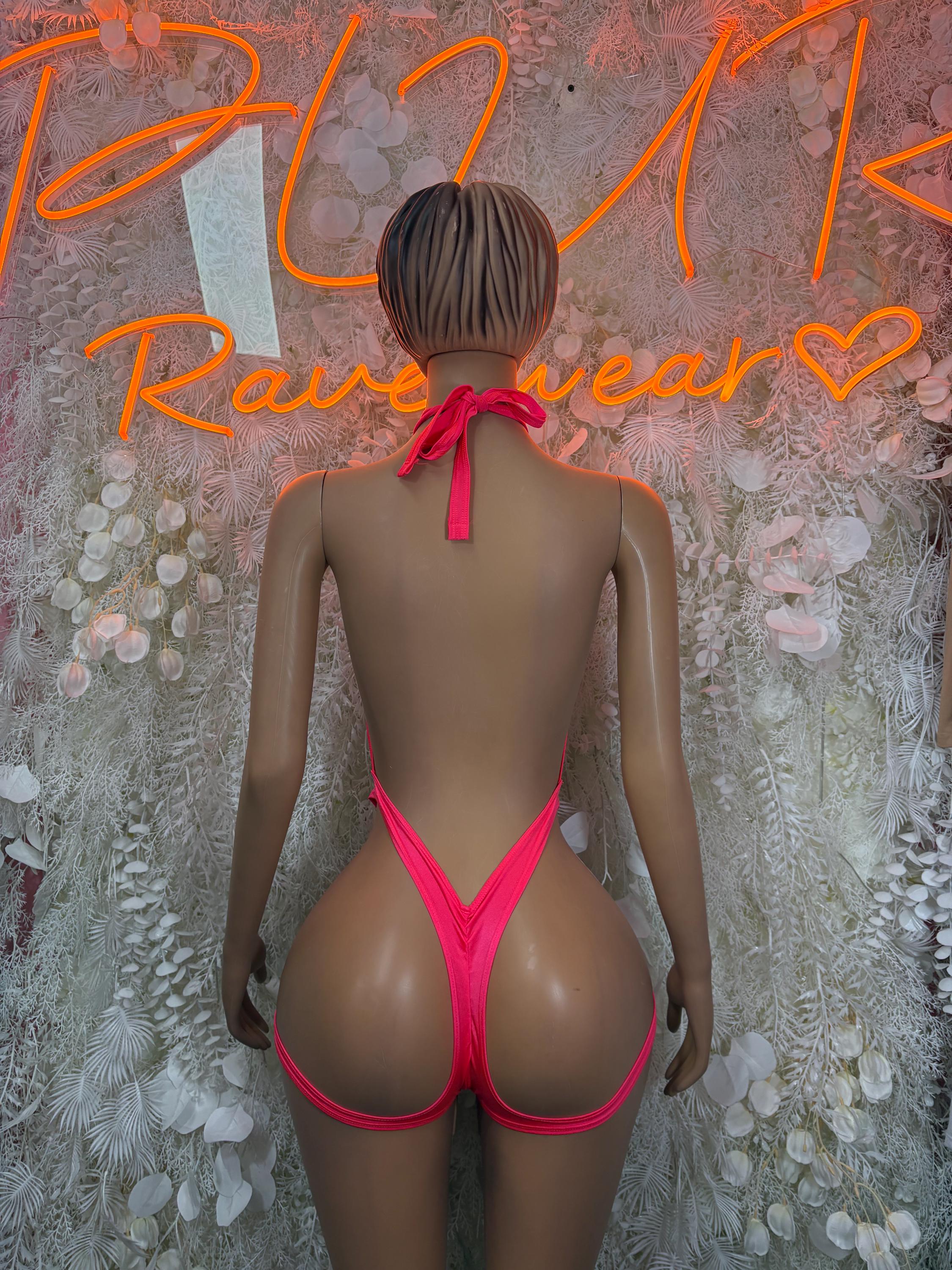 Pink backless halter bodysuit with tie at neck and thong-style back cutout