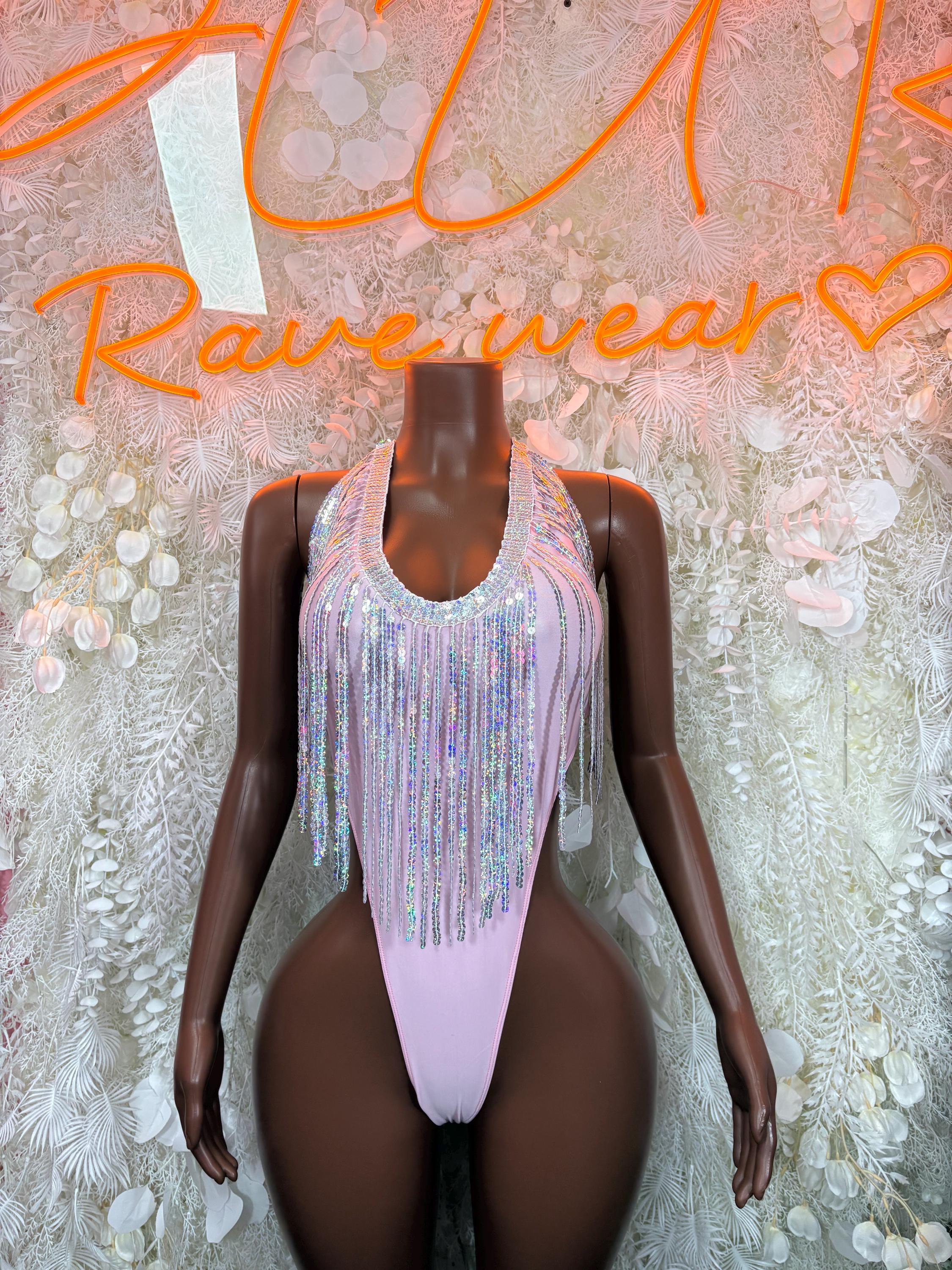 Pink rhinestone fringe bodysuit with scoop neckline