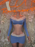 Blue long-sleeve festival two-piece outfit with lace-trim crop top and mini skirt